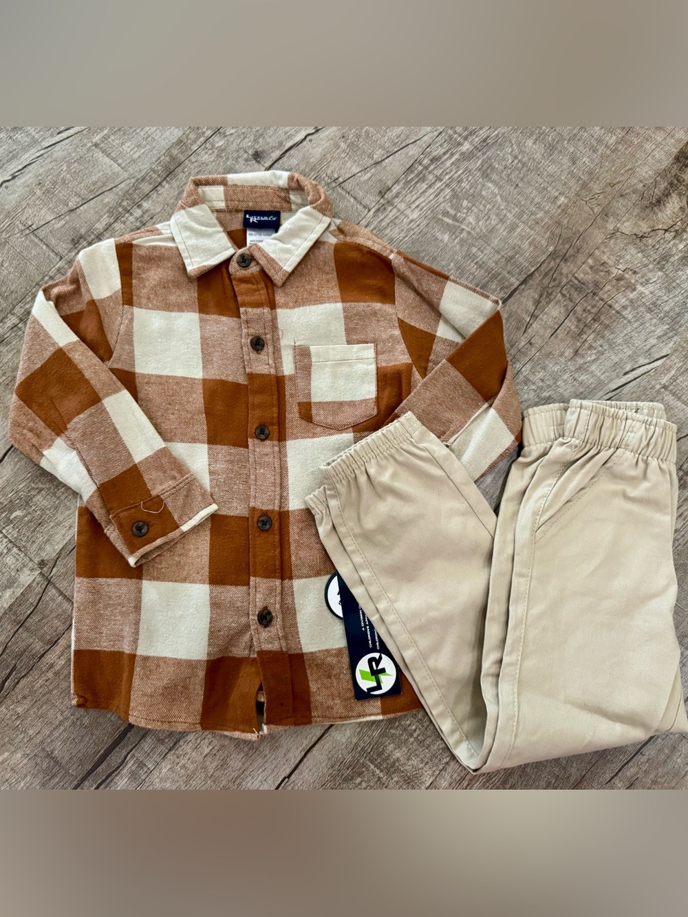 Little Rebels Plaid Flannel Shirt & Jogger Pants Set 4T NWT Brown Cream